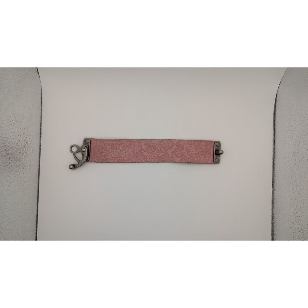 Vintage Pink Embossed Leather Cuff Wide Suede Band Antique Silver Hook Clasp